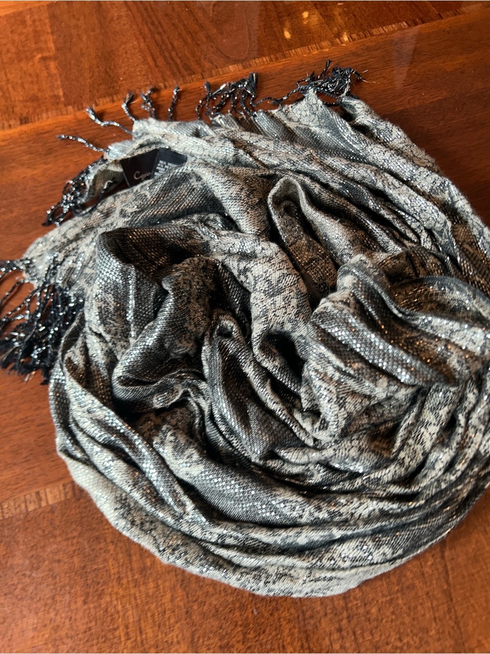 Cejon Shimmery Black and Silver Fringe Wrap Scarf 16“ x 68“